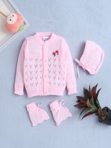 BUMZEE Pink Baby Girls Full Sleeves Acrylic Blend Sweater With Cap & Socks