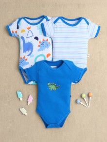 BUMZEE Blue & White Baby Boys Half Sleeves Cotton Bodysuit / Onesies Pack Of 3