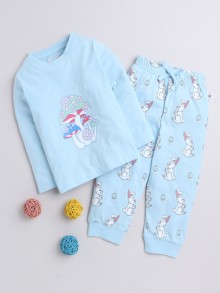 BUMZEE Sky Blue Girls Full Sleeves T-Shirt & Pyjama Set