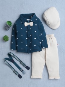 BUMZEE Beige & Teal Boys Full Sleeves Shirt Pant Set With Suspender & Cap