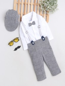 BUMZEE Dark Grey & White Boys Full Sleeves Shirt Pant Set With Suspender & Cap