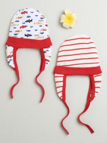 BUMZEE Red & White Baby Boys Ear Flap Tying Cap Pack Of 2