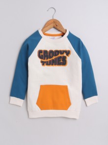 BUMZEE Cream & Teal Blue Boys Full Sleeves Cotton Sweatshirt