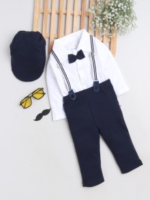 BUMZEE Navy & White Boys Full Sleeves Shirt Pant Set With Suspender & Cap