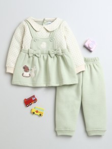 BUMZEE Green & Beige Girls Full Sleeves Fleece Winter Wear Set