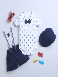 BUMZEE Navy & White Boys Half Sleeves Bodysuit & Short Set With Bow Suspender & Cap