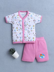 BUMZEE White & Pink Baby Girls Half Sleeves Jabla & Short Set