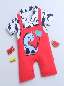 BUMZEE Red & White Boys Half Sleeves Thigh Length Romper