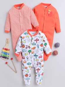 BUMZEE Orange & White Baby Boys Full Sleeves Sleepsuit Pack Of 3