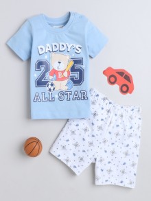 BUMZEE Sky Blue & White Boys Half Sleeves T-Shirt & Short Set