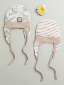 BUMZEE Beige & White Baby Boys Ear Flap Tying Cap Pack Of 2