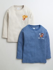 BUMZEE Beige & Indigo Blue Boys Full Sleeves Cotton Thermal T-Shirts Pack Of 2