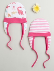 BUMZEE Pink & White Baby Girls Ear Flap Tying Cap Pack Of 2