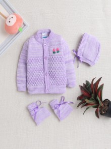 BUMZEE Lavender Baby Girls Full Sleeves Acrylic Blend Sweater With Cap & Socks