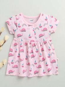 BUMZEE Pink Girls Cap Sleeves Cotton Knee Length Frock