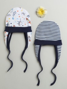 BUMZEE Navy & White Baby Boys Ear Flap Tying Cap Pack Of 2