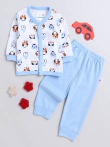 BUMZEE Light Blue & White Baby Boys Full Sleeves Jabla & Pyjama Set