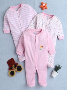 BUMZEE Baby Pink & White Baby Girls Full Sleeves Sleepsuit Pack Of 3