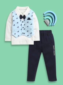 BUMZEE Navy & White Boys Full Sleeves Cotton Formal Set With Attached Waistcoat