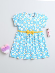 BUMZEE Blue Girls Cap Sleeves Cotton Knee Length Casual Frock