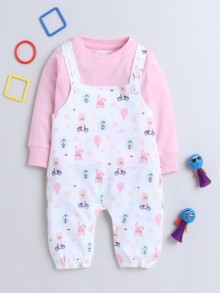 BUMZEE Pink & White Baby Girls Full Sleeves Cotton Dungaree Set