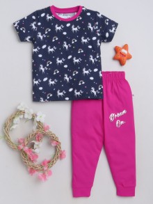 BUMZEE Navy & Pink Girls Half Sleeves T-Shirt & Pyjama Set