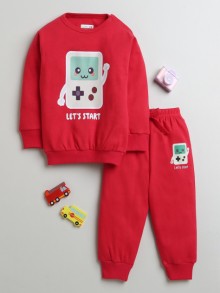 BUMZEE Red Boys Full Sleeves Cotton Sweatshirt & Jogger Set