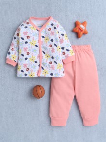 BUMZEE Peach & White Baby Girls Full Sleeves Jabla & Pyjama Set