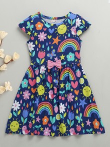 BUMZEE Navy Girls Cap Sleeves Cotton Knee Length Frock