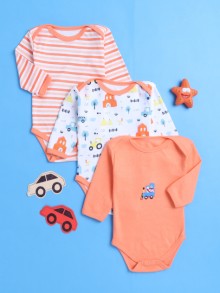 BUMZEE Orange & White Baby Boys Full Sleeves Cotton Bodysuit - Onesies Pack Of 3