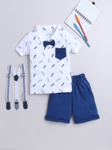 BUMZEE Navy & White Boys Half Sleeves T-shirt & Short Set With Bow Suspender