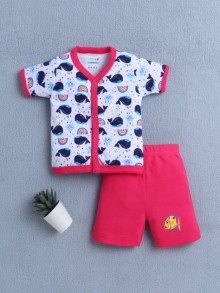 BUMZEE Pink & White Baby Girls Half Sleeves Jabla & Short Set
