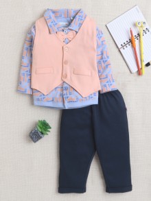 BUMZEE Navy & Blue Boys Full Sleeves Shirt Waistcoat & Pant Set With Applique Bow