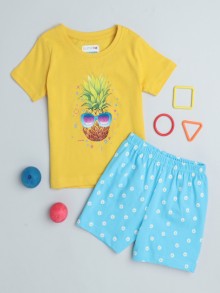 BUMZEE Yellow & Blue Girls Half Sleeves T-Shirt & Short Set
