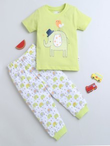 BUMZEE Green & White Boys Half Sleeves T-Shirt & Pyjama Set