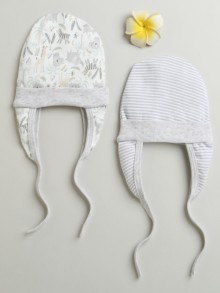 BUMZEE Grey & White Baby Boys Ear Flap Tying Cap Pack Of 2