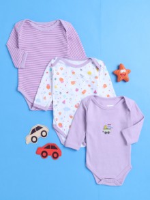 BUMZEE Lavender & White Baby Girls Full Sleeves Cotton Bodysuit - Onesies Pack Of 3