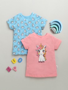 BUMZEE Blue & Pink Girls Half Sleeves Cotton T-Shirts Pack Of 2