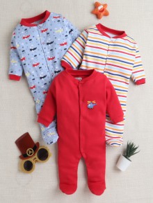 BUMZEE Sky Blue & Red Baby Boys Full Sleeves Sleepsuit Pack Of 3