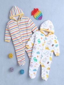 BUMZEE White & Yellow Baby Boys Full Sleeves Sleepsuit With Hood Pack Of 2