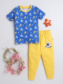 BUMZEE Blue & Yellow Boys Half Sleeves T-Shirt & Pyjama Set