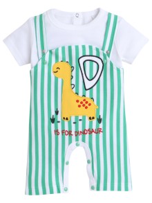 BUMZEE Green & White Girls Half Sleeves Thigh Length Romper