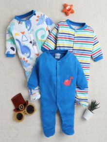 BUMZEE Royal Blue & Multi Baby Boys Full Sleeves Sleepsuit Pack Of 3