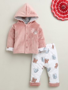 BUMZEE Peach & White Girls Full Sleeves Cotton Blend Winter Wear Set