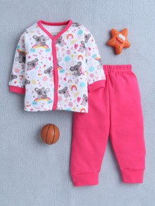 BUMZEE Pink & White Baby Girls Full Sleeves Jabla & Pyjama Set