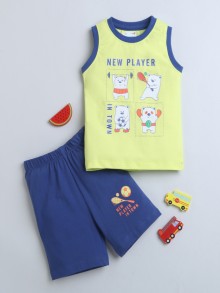 BUMZEE Green & Royal Blue Boys Sleeveless T-Shirt & Short Set