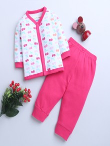 BUMZEE Pink & White Baby Girls Full Sleeves Jabla & Pyjama Set