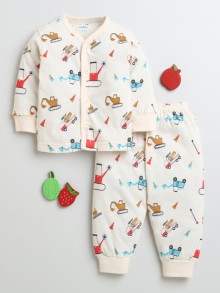 BUMZEE Beige Baby Boys Full Sleeves Cotton Jabla & Pyjama Set