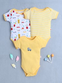 BUMZEE Yellow & White Baby Boys Half Sleeves Cotton Bodysuit / Onesies Pack Of 3