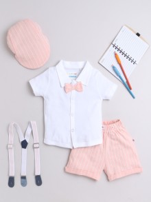 BUMZEE White & Peach Boys Half Sleeves Shirt & Short Set With Bow Suspender & Cap